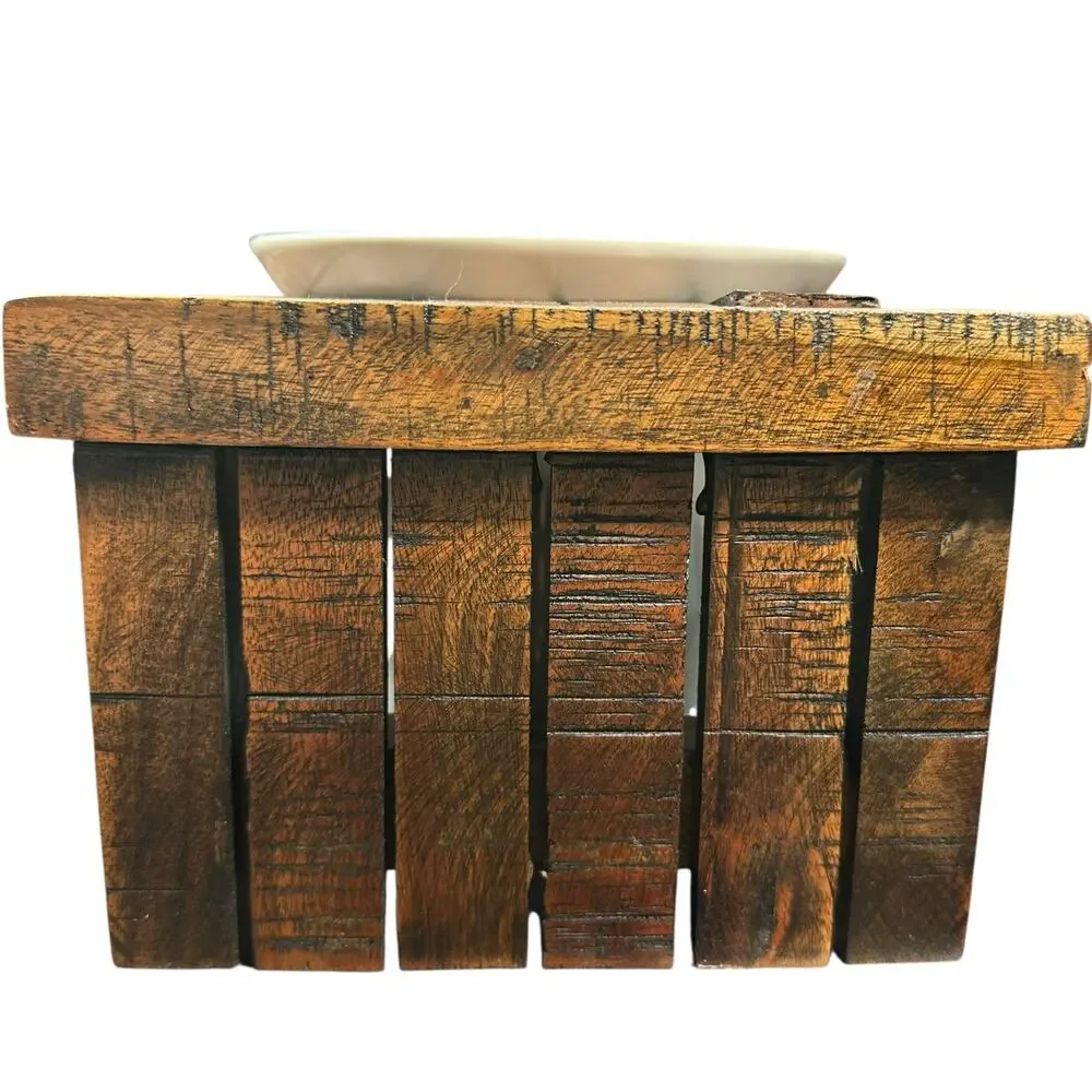 Rustic Wood Elevated Pet Feeder Farmhouse Country Style Cat Dog Feeder 17x8x6